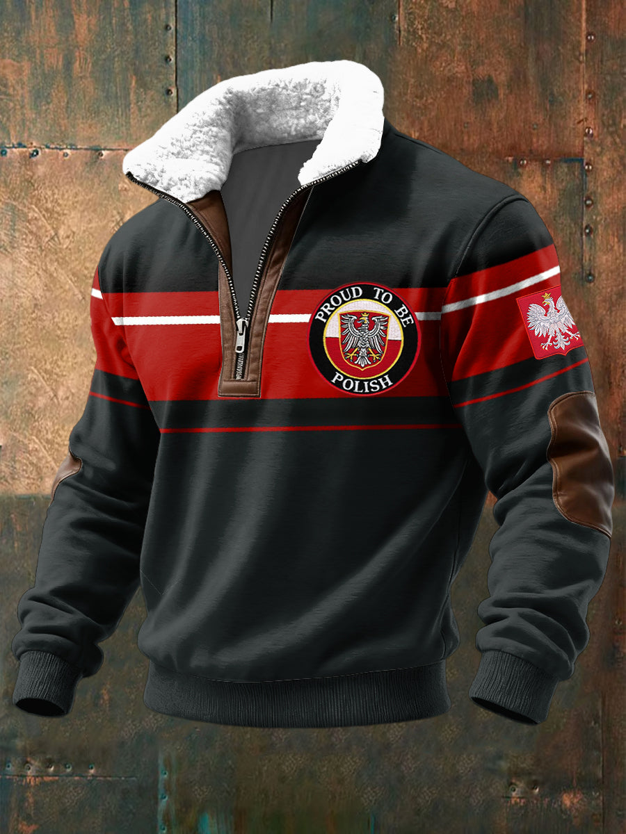 Sweter z zamkiem błyskawicznym w paski w stylu retro z polskim godłem