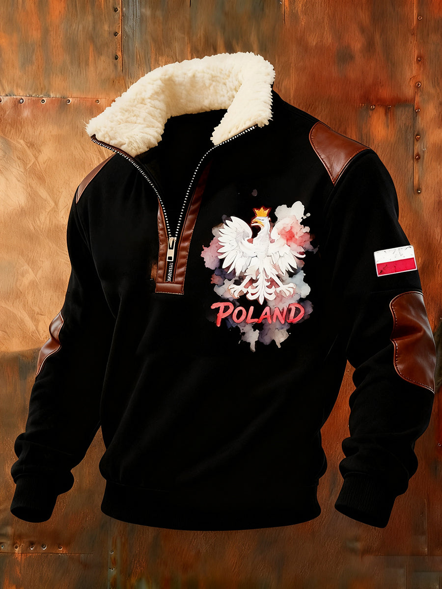 Męska bluza z polarowym kołnierzem z nadrukiem w stylu vintage