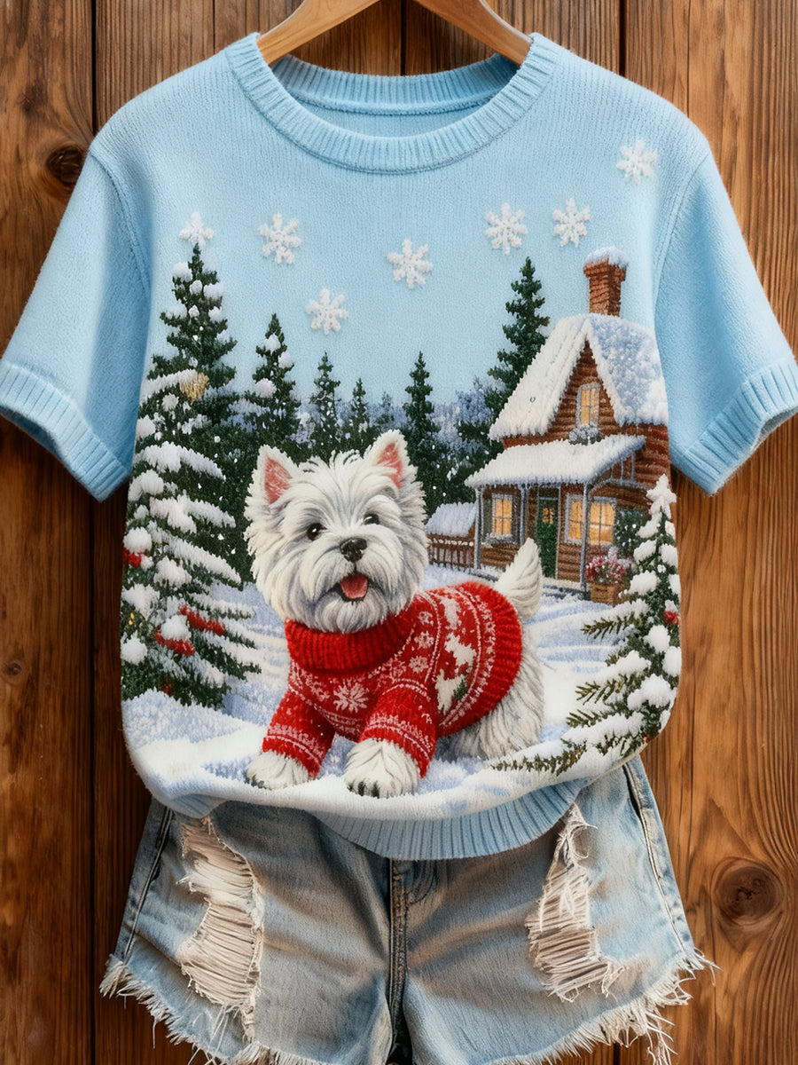 Damskie Retro Boże Narodzenie Animal Art Print Wygodny top z dzianiny z krótkim rękawem