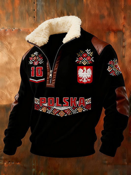 Męska bluza z polarowym kołnierzem z nadrukiem w stylu vintage