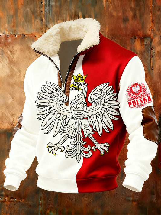 Męska bluza z polarowym kołnierzem z nadrukiem w stylu vintage