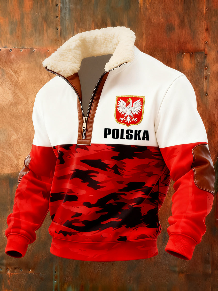 Męska bluza z polarowym kołnierzem z nadrukiem w stylu vintage