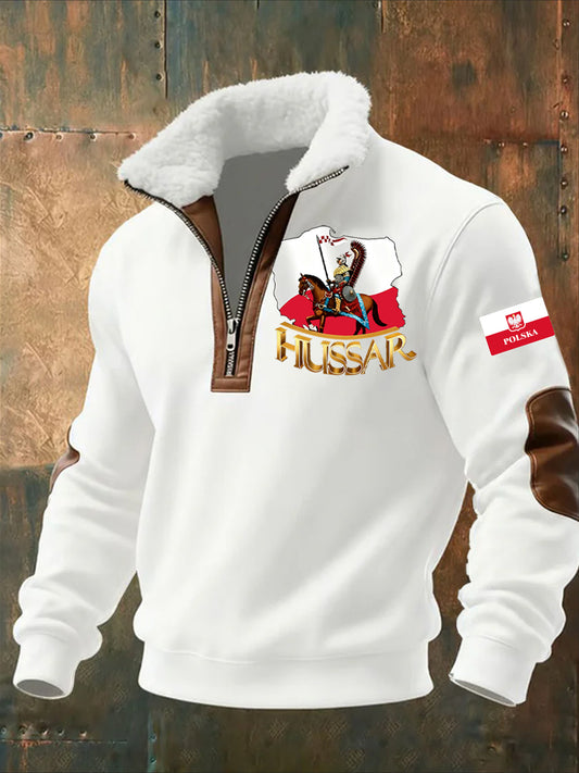 Męska bluza z polarowym kołnierzem z nadrukiem w stylu vintage