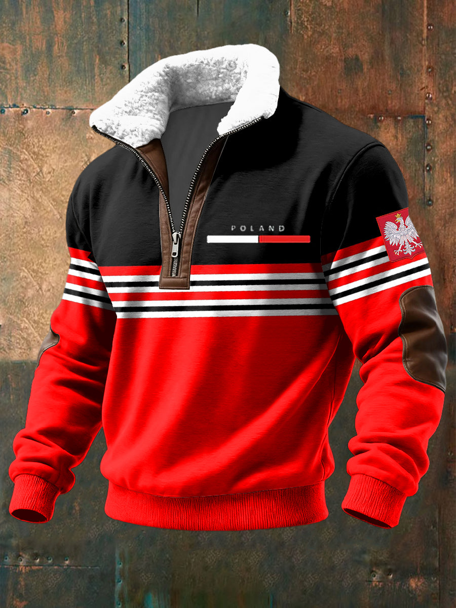 Patchwork pullover z lambswool w paski retro z polską flagą