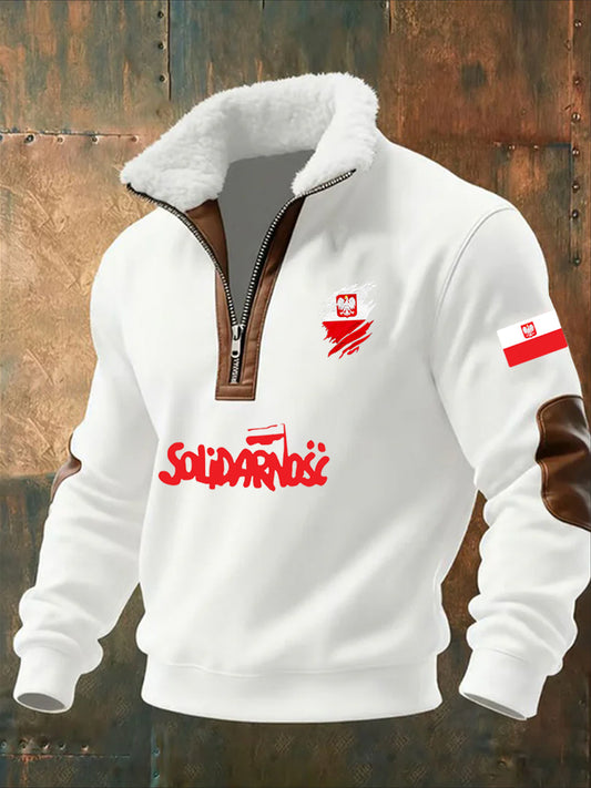 Męska bluza z polarowym kołnierzem z nadrukiem w stylu vintage