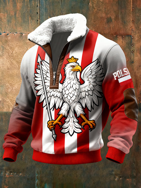 Męska polska bluza w stylu retro z nadrukiem artystycznym na co dzień z półzamkiem polarowym