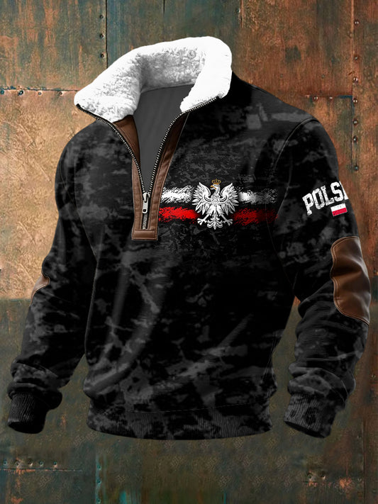 Retro Abstrakcyjny Polską Flagę Lambswool Kołnierz Zipper Pullover