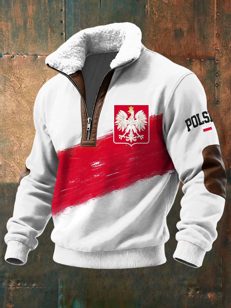 Sweter z zamkiem błyskawicznym z nadrukiem orła w stylu retro z polską flagą