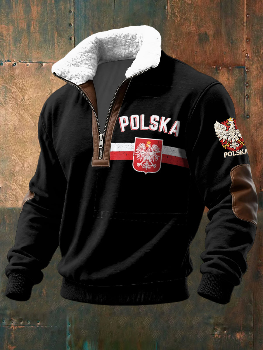 Retro Polski Orł Emblemat Lambswool Kołnierz Zipper Pullover