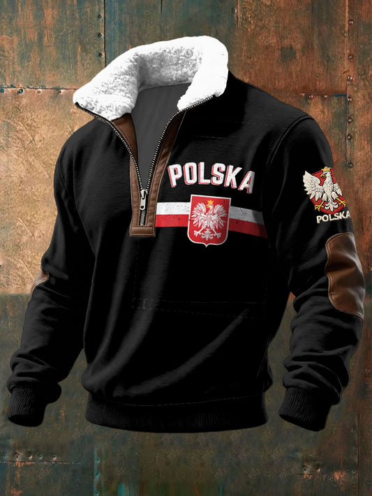 Retro Polski Orł Emblemat Lambswool Kołnierz Zipper Pullover