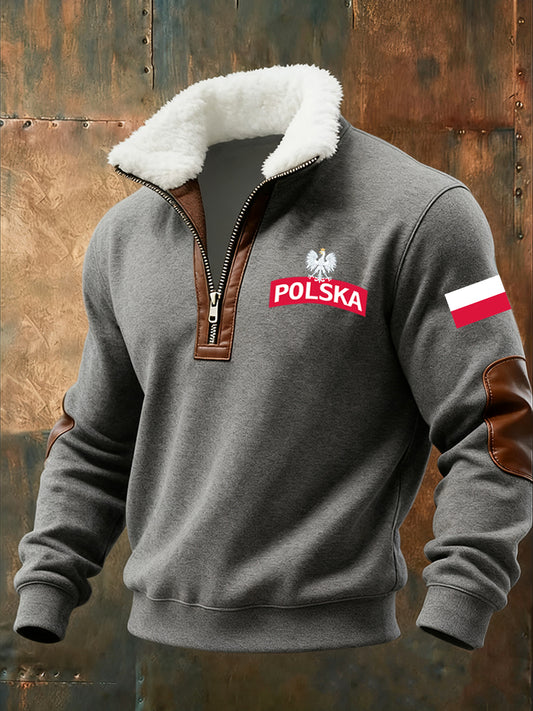 Męska moda retro na co dzień bluza z półzamkiem z futrzaną bluzą