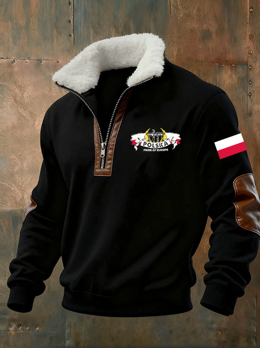 Męska moda retro na co dzień bluza z półzamkiem z futrzaną bluzą