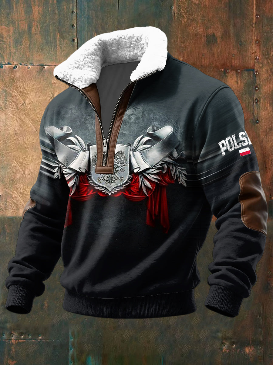 Sweter z kołnierzykiem lambswool w stylu retro polski biały orzeł