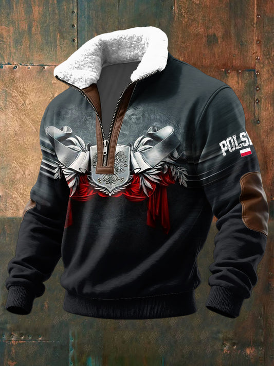 Sweter z kołnierzykiem lambswool w stylu retro polski biały orzeł