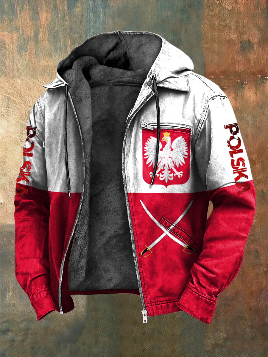 Retro polska kurtka z kapturem z polarową podszewką