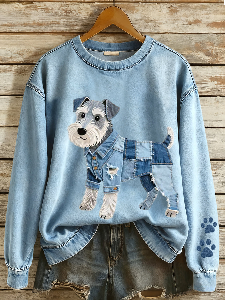 Damska bluza z denimem Patchwork Art Schnauzer ze wzorem psa