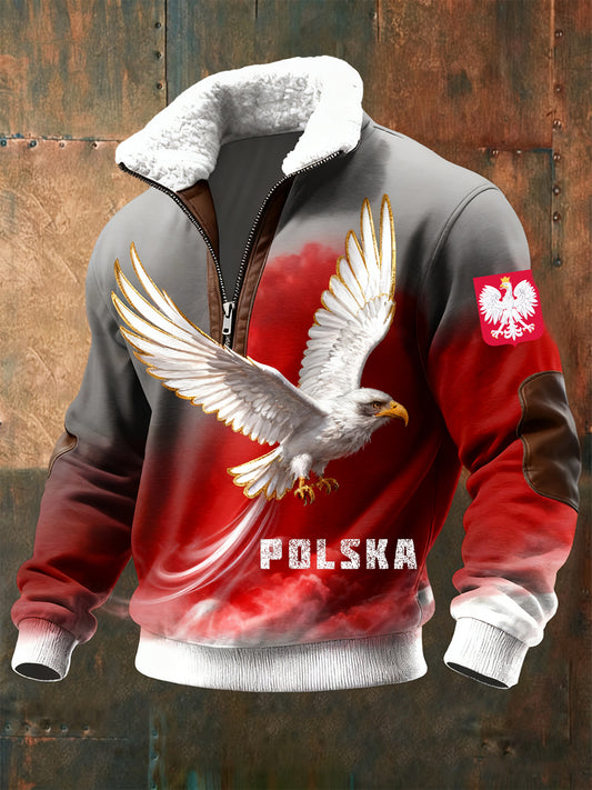 Męska polska bluza w stylu retro z nadrukiem artystycznym na co dzień z półzamkiem polarowym