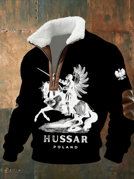 Męska moda retro na co dzień bluza z półzamkiem z futrzaną bluzą