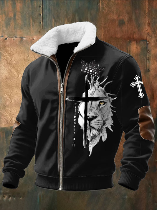 Retro Abstrakcyjna kurtka Jesus Lion Lamb Fur Zipper