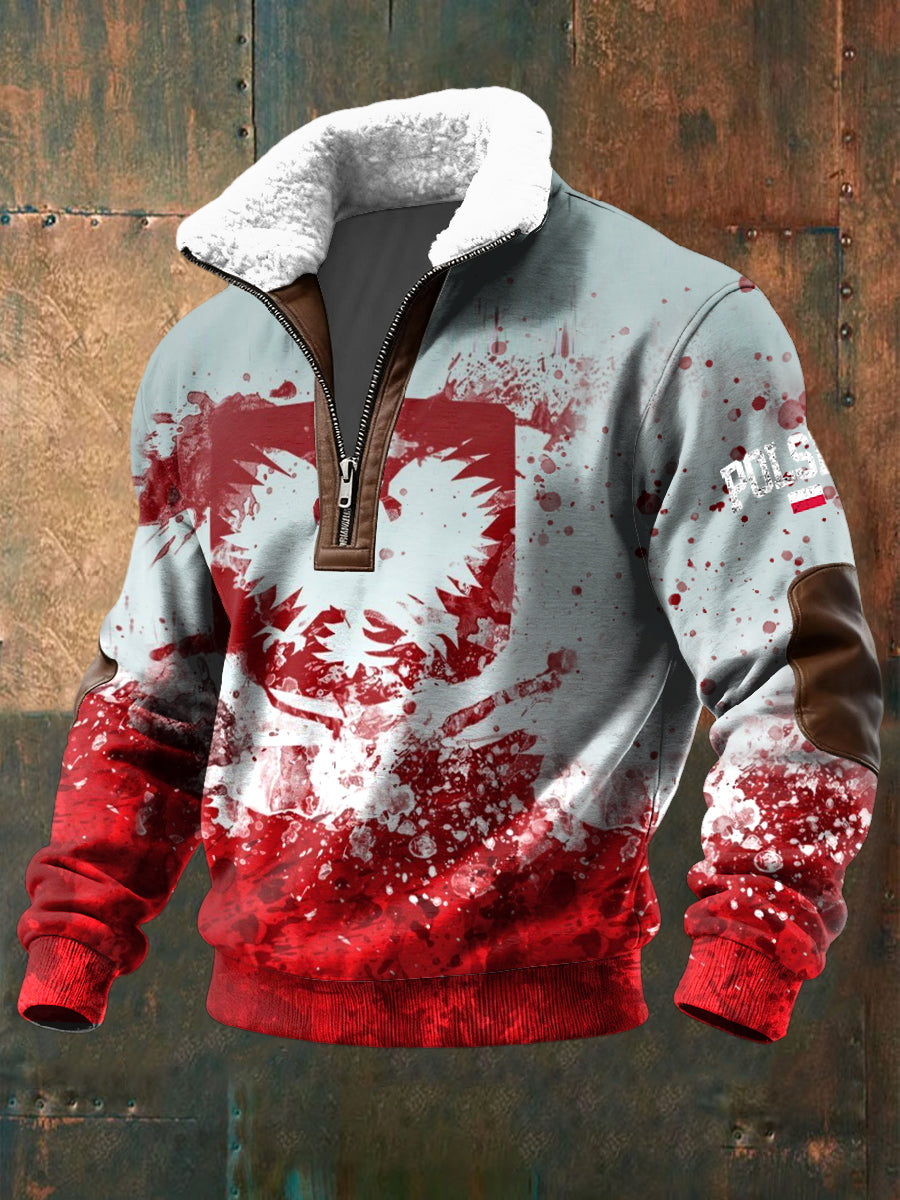 Retro Abstrakcyjny Polski Orł Emblemat Lambswool Kołnierz Zipper Pullover