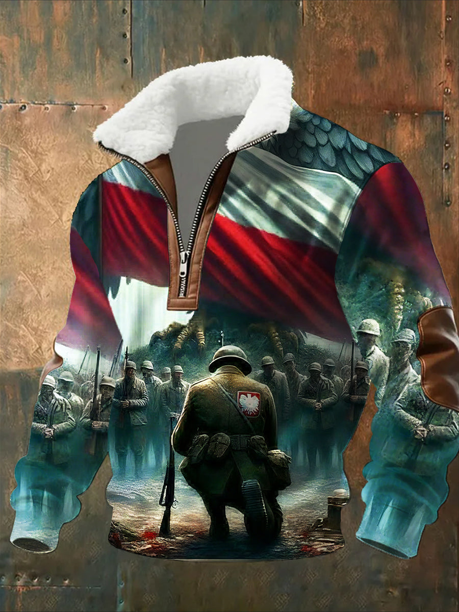 Męska moda retro na co dzień bluza z półzamkiem z futrzaną bluzą