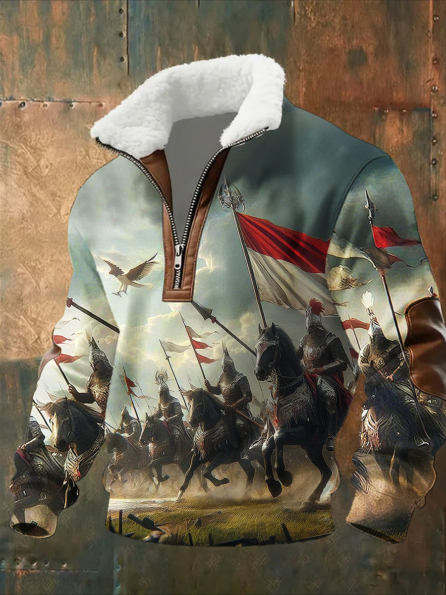 Męska moda retro na co dzień bluza z półzamkiem z futrzaną bluzą