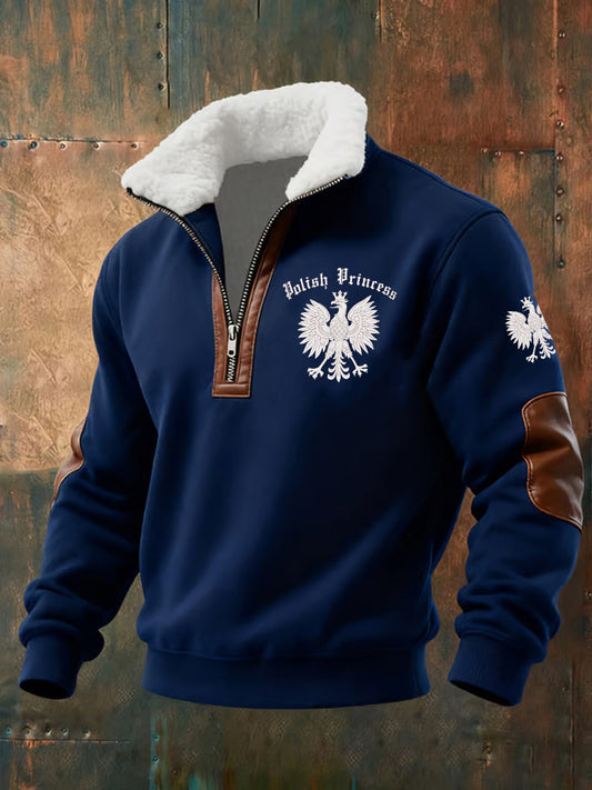 Męska moda retro na co dzień bluza z półzamkiem z futrzaną bluzą