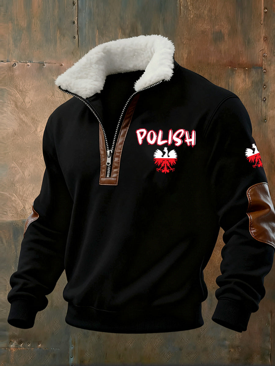 Męska moda retro na co dzień bluza z półzamkiem z futrzaną bluzą