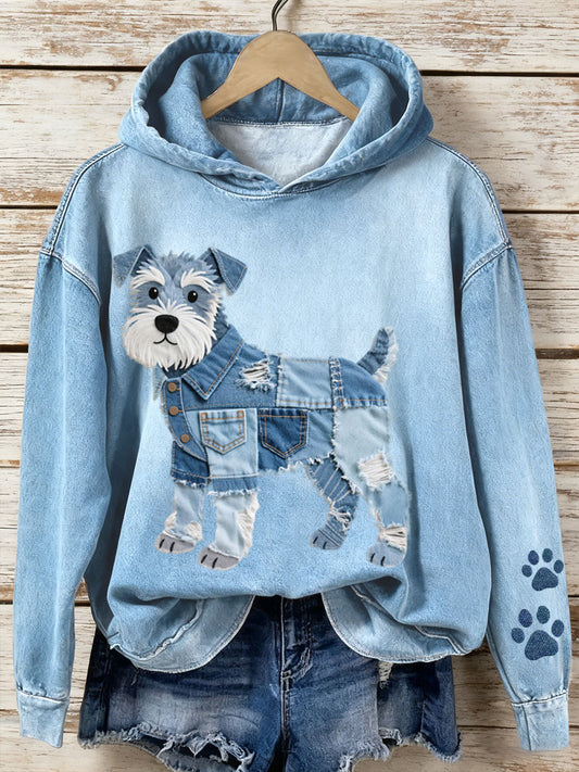 Damska dżinsowa bluza z kapturem Patchwork Art Schnauzer ze wzorem psa