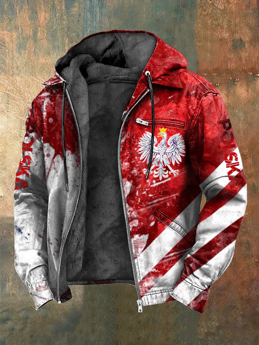 Retro Abstrakcyjna polska kurtka z kapturem z polarem z polarem