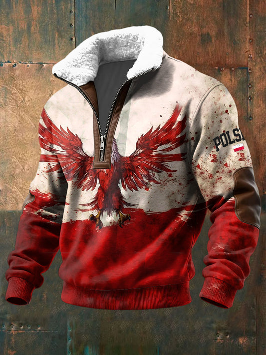 Retro Abstrakcyjny Polską Flagę Patchwork Shearling Pullover