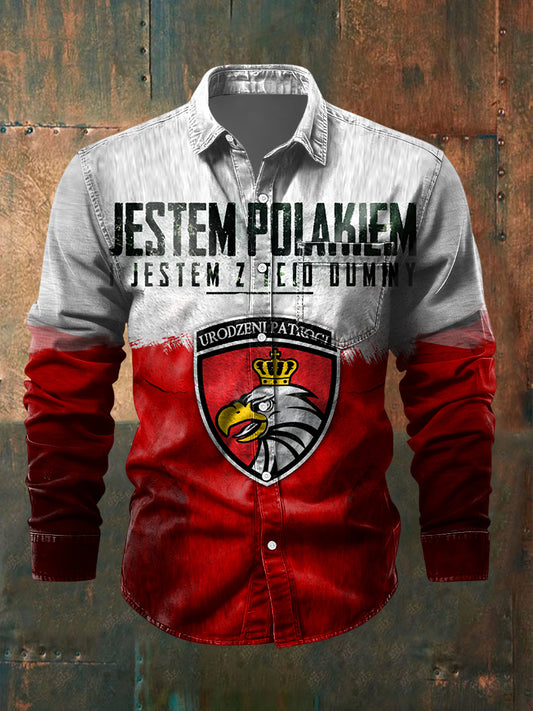 Retro Polski Orł Godło Patchwork Casual Shirt