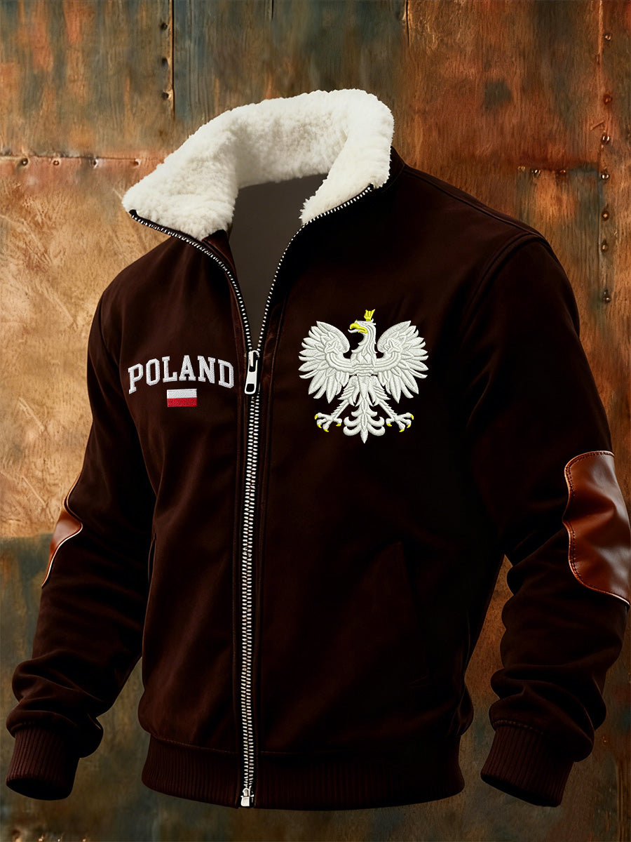 Kurtka męska z polskim nadrukiem na co dzień z futrzany kołnierzykiem