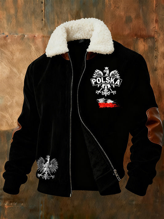 Kurtka męska z polskim nadrukiem na co dzień z futrzany kołnierzykiem