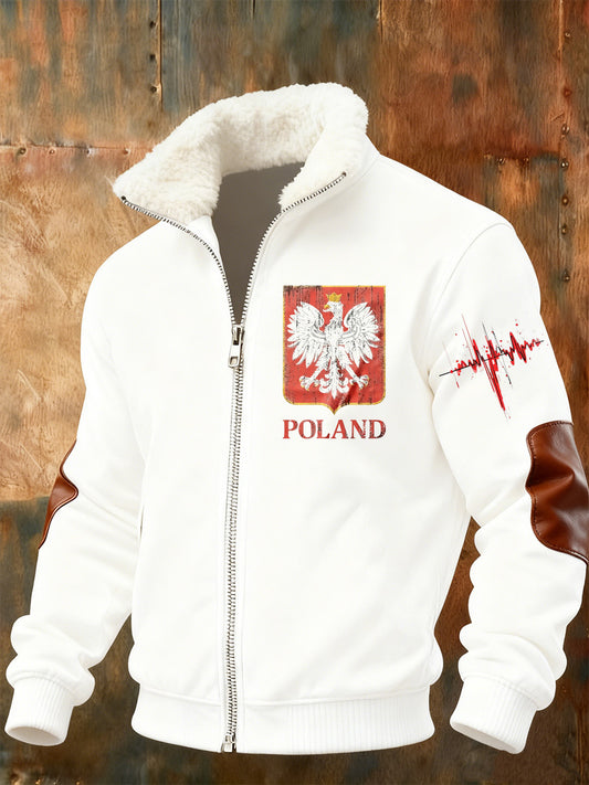 Kurtka męska z polskim nadrukiem na co dzień z futrzany kołnierzykiem