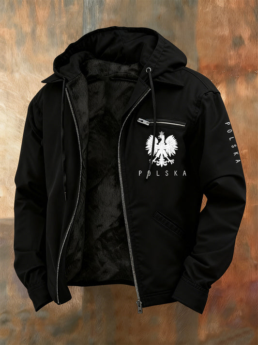 Męska kurtka z kapturem z nadrukiem w stylu vintage