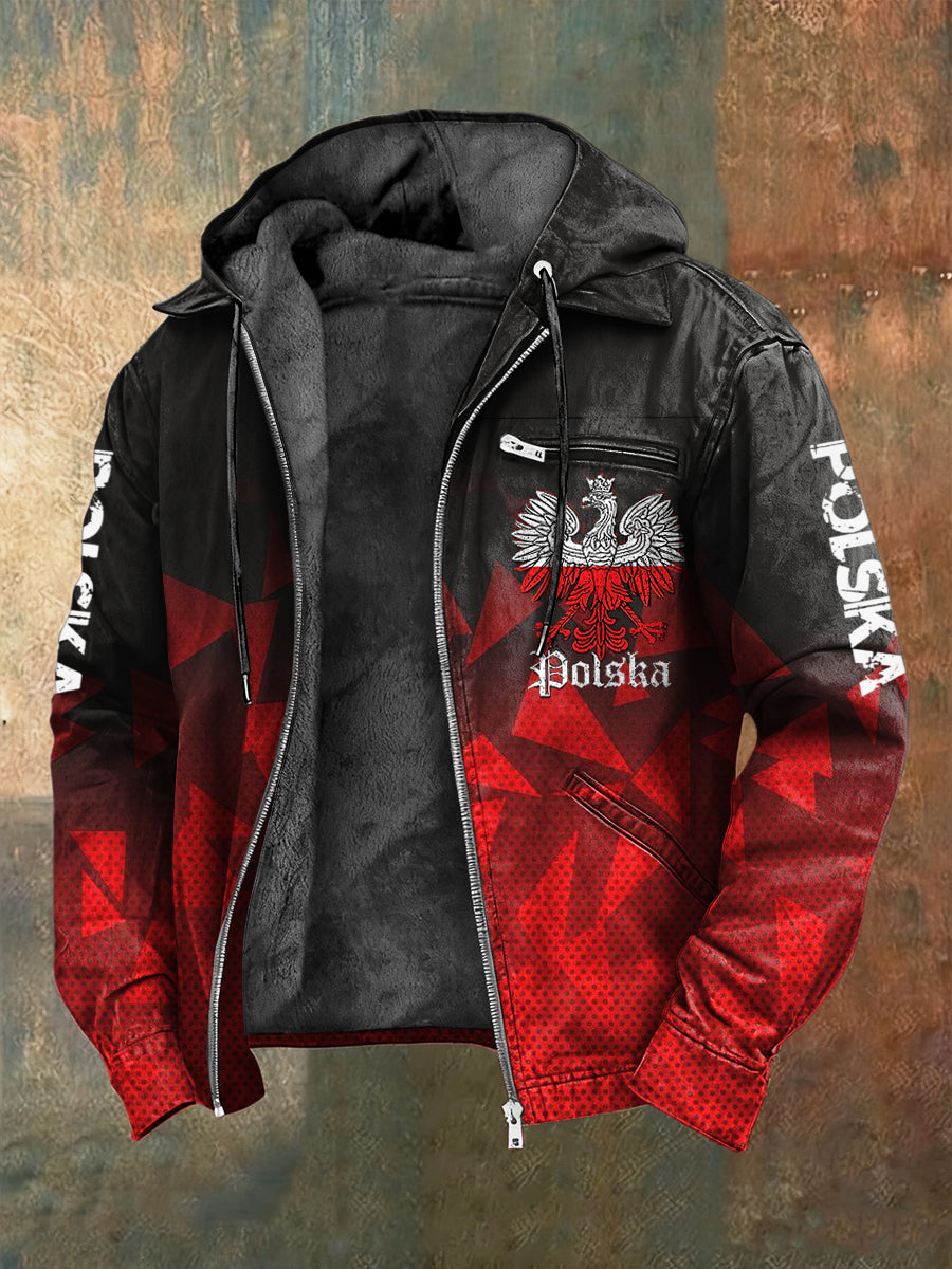 Retro Polski Orzeł Gradient Geometryczna polarowa kurtka z kapturem