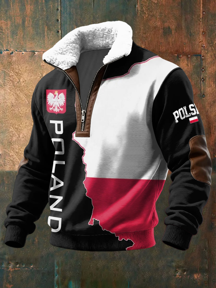 Pullover z zamkiem błyskawicznym w stylu retro z polskim godłem