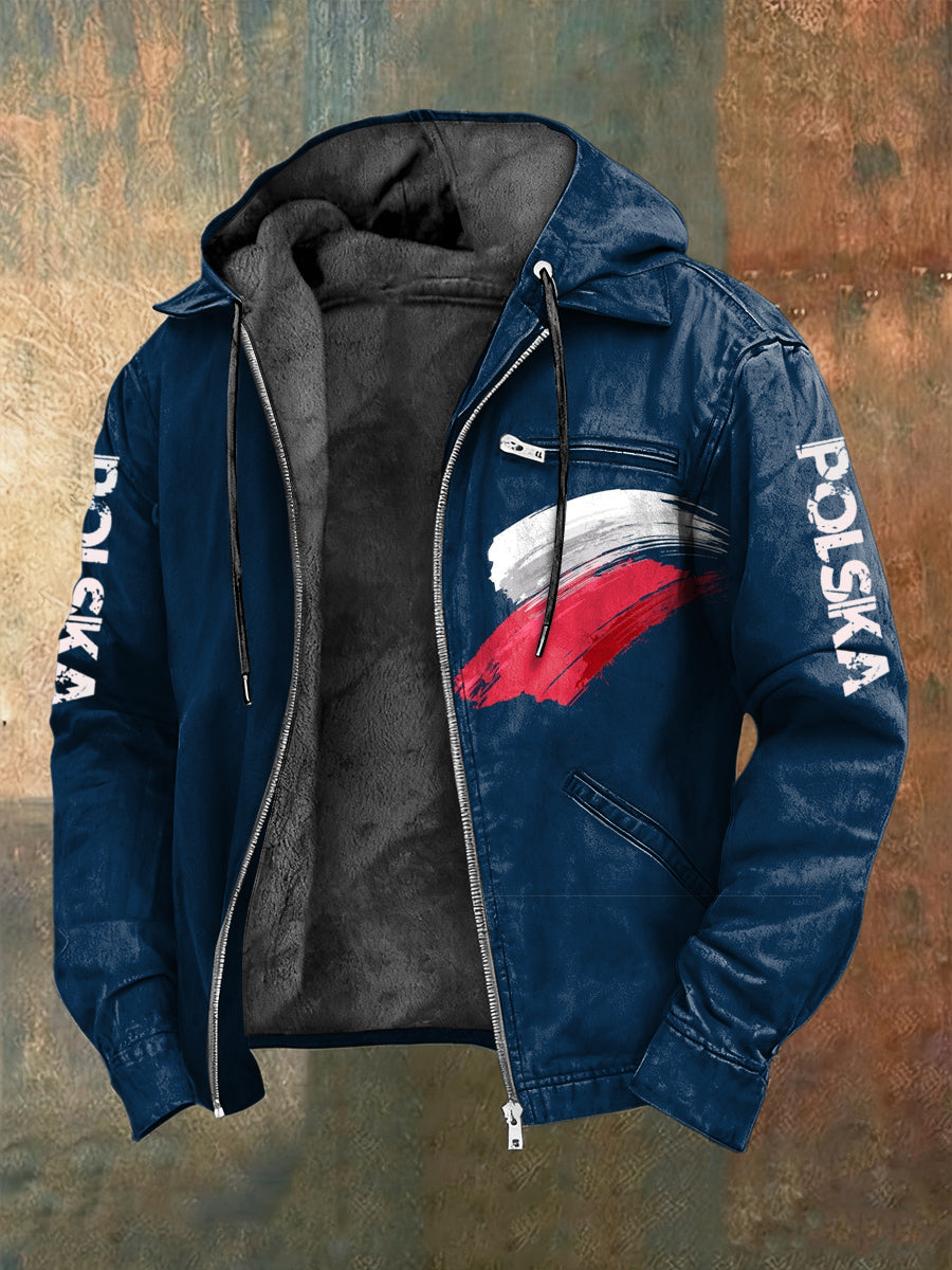 Retro polska flaga abstrakcyjna kurtka z kapturem z polarem