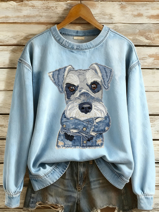 Damski dżinsowy sweter z długim rękawem w zwierzęcy nadruk z okrągłym dekoltem