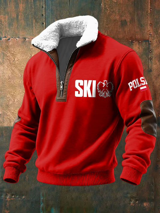 Sweter z lambswool na zamek błyskawiczny Retro SKI Poland White Eagle