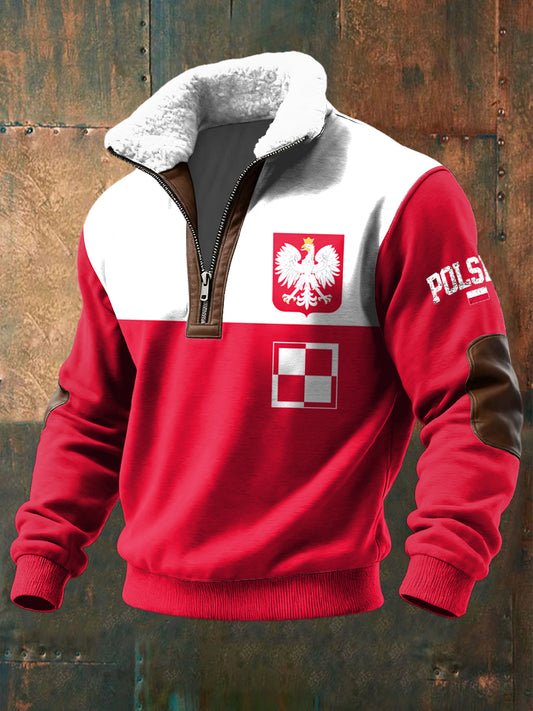 Pullover z zamkiem błyskawicznym retro z polską flagą patchwork