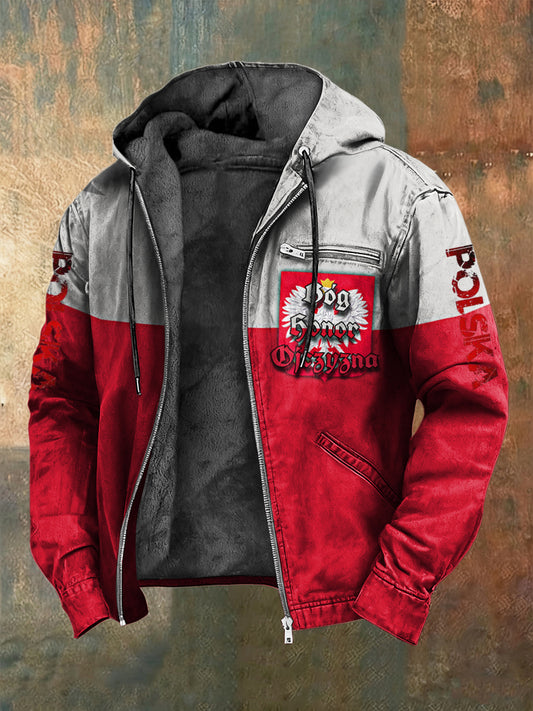 Retro polski orzeł patchworkowy polarowy płaszcz z kapturem