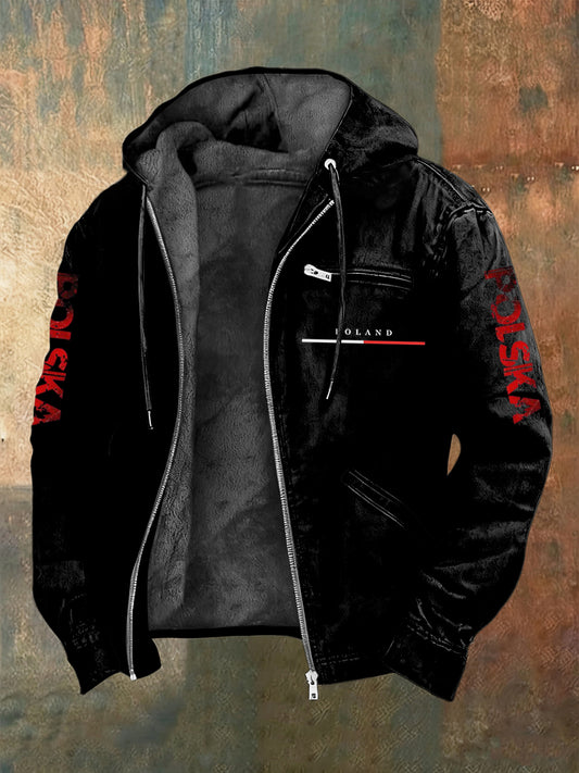 Retro abstrakcyjna polska flaga casualowa kurtka z kapturem z polarową podszewką