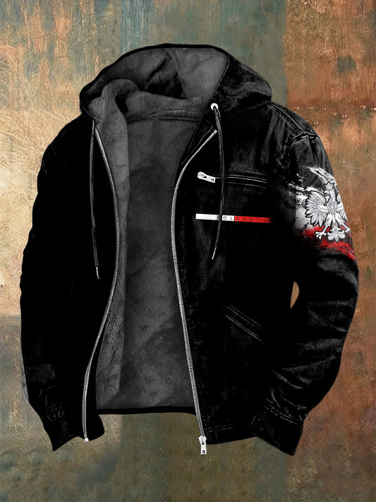 Retro polska flaga orzeł Casualowa kurtka z kapturem z polarową podszewką