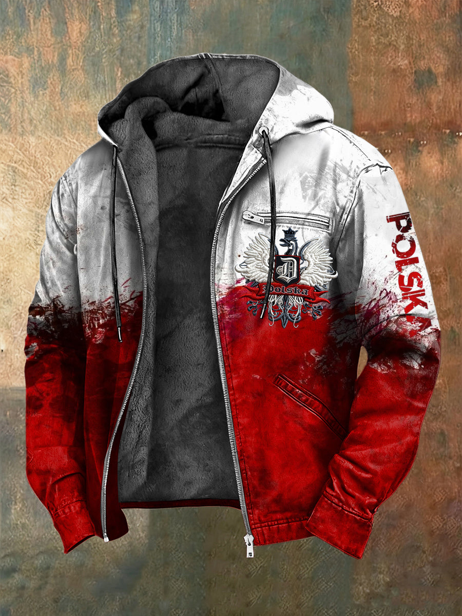 Retro Abstrakcyjna kurtka z kapturem z polarową flagą polskiego orła