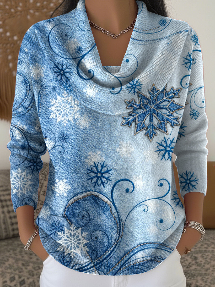 Damski Vintage Snowflake Gradient Sweep Neck Top