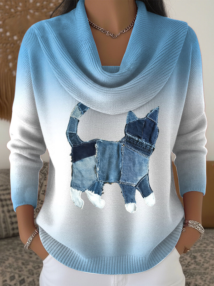 Damski Vintage Cat Gradient Off-Shoulder Top