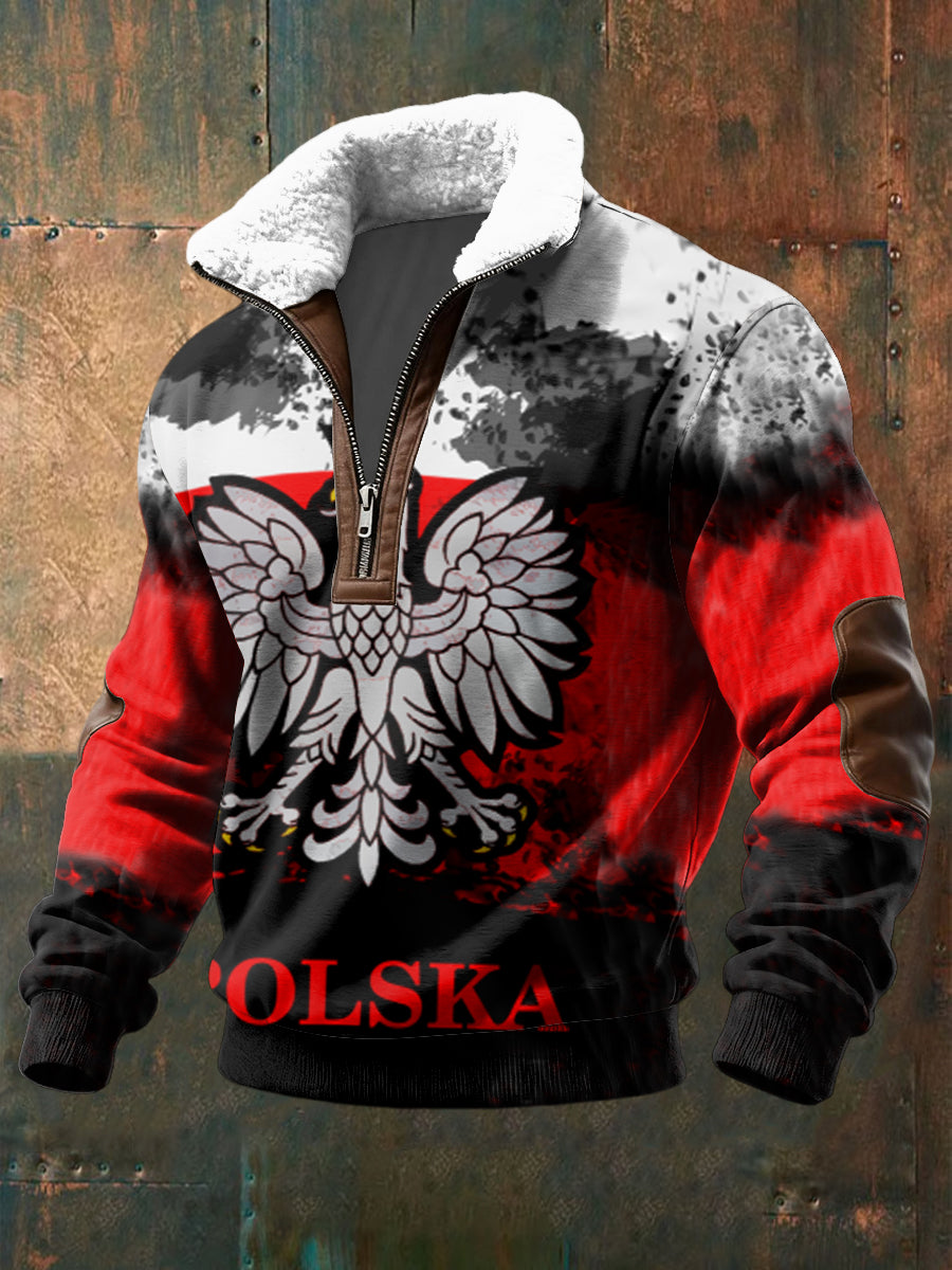 Retro Polski Orzeł Abstrakcyjny Sweter z Lambswool Zipper