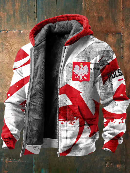 Retro Polski Godło Geometryczne Pasiasty Polar-kurtka z kapturem